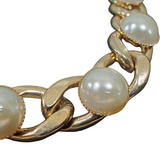 Faux Pearl Bead Gold Tone Link Chain Necklace 16" Chain - Picture 8 of 11